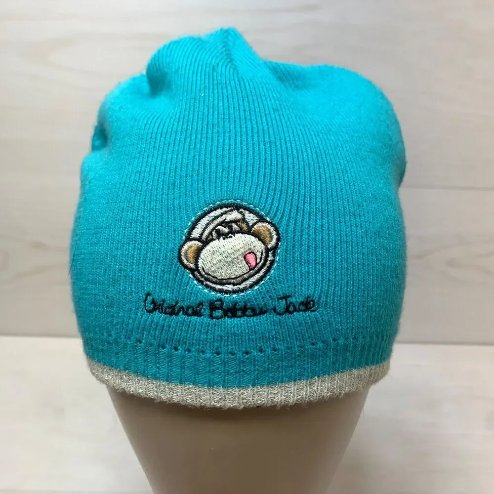 Y2K‎ Bobby Jack Girls Knit Beanie Hat Blue Monkey Embroidered Knit Retro